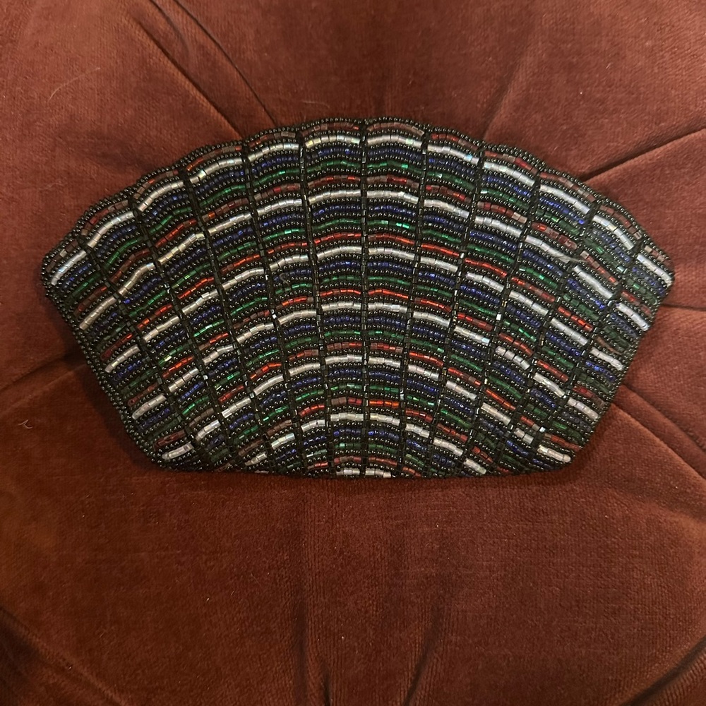 Neiman Marcus Black, Red, White and Green Beaded Clutch with Art Deco Design